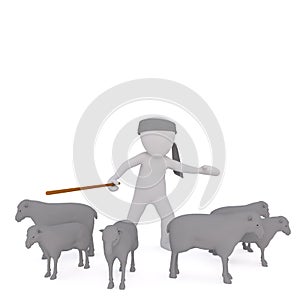 3d cartoon shepherd or herder with his sheep