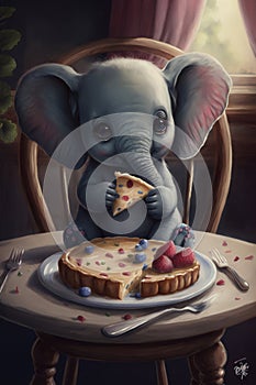 3D Cartoon style cute adorable baby elephant in a high chair having a pizza.