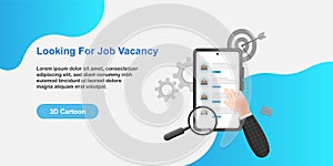 3D cartoon style illustration. Mobile app recruitment concept. Businessman hand holding smart phone, applying job vacancy in