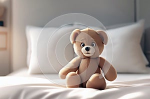 3D cartoon style. Plush teddy bear. Collectable teddy bear on the bed