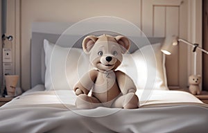 3D cartoon style. Plush teddy bear. Collectible teddy bear on bed