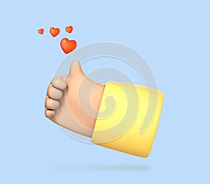 3D cartoon thumb up hand gesture isolated on blue background. Hand thumb up or like sign. Social media concept. Vector 3d