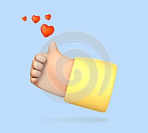 3D cartoon thumb up hand gesture isolated on blue background. Hand thumb up or like sign. Social media concept. Vector 3d