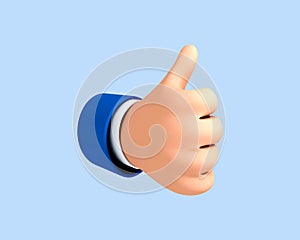 3D cartoon thumb up hand gesture isolated on blue background. Hand thumb up or like sign. Vector 3d illustration