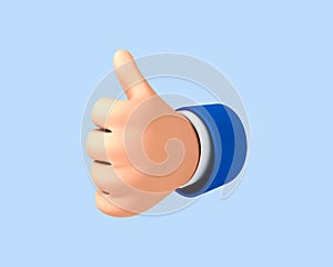 3D cartoon thumb up hand gesture isolated on blue background. Hand thumb up or like sign. Vector 3d illustration