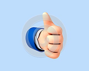 3D cartoon thumb up hand gesture isolated on blue background. Hand thumb up or like sign. Vector 3d illustration