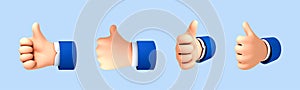 3D cartoon thumb up hand gesture isolated on blue background. Hand thumb up or like sign. Vector 3d illustration