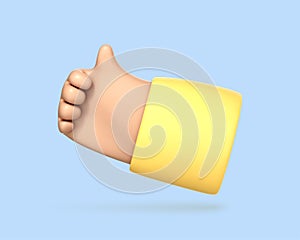 3D cartoon thumb up icon isolated on blue background. Hand gesture of like, ok, good, success or approve. Vector 3d Illustration