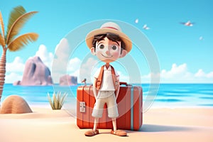 3d cartoon tourist man travel on beach background. Generative ai
