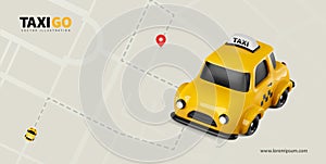 3d cartoon toy city taxi vehicle on city map background. Yellow cab service vector illustration.