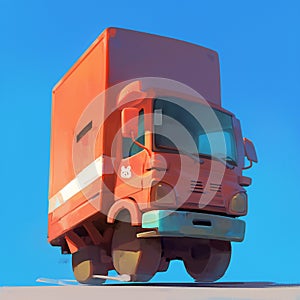 3d cartoon truck with a red cab. Front side view. illustration on a blue sky background. Cargo transportation concept.