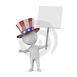 3d Cartoon Uncle Sam character holding a blank banner