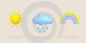 3d cartoon weather icons set. Sun, rainbow, cloud, rain