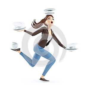 3d cartoon woman balancing on one leg with tableware