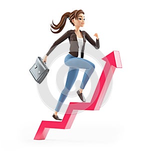 3d cartoon woman with briefcase running on growing arrow