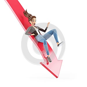 3d cartoon woman falling off downward arrow