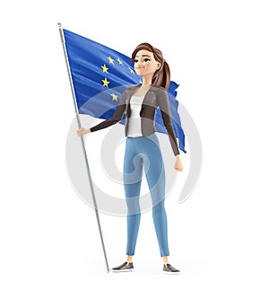 3d cartoon woman holding flag of europe