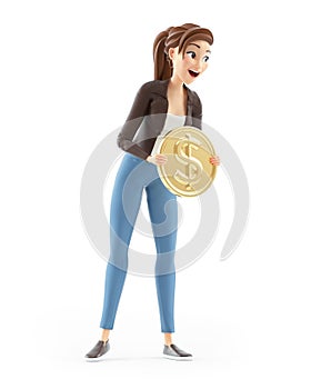 3d cartoon woman holding gold coin