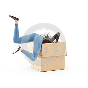 3d cartoon woman looking into cardboard box