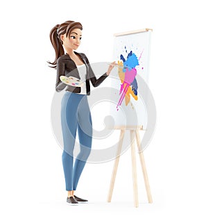 3d cartoon woman painting on canvas