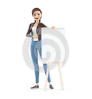 3d cartoon woman pointing to wooden easel with blank canvas