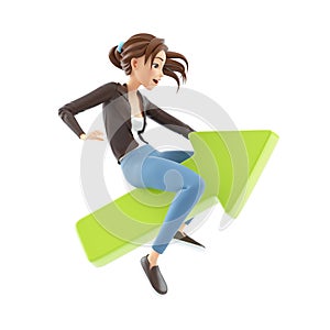3d cartoon woman riding green arrow up