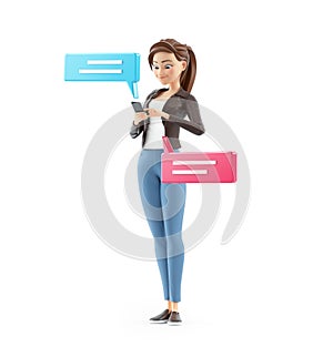 3d cartoon woman sending text messages with smartphone