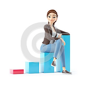 3d cartoon woman sitting on bar graph