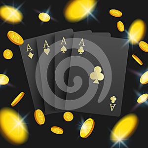 3D casino poker cards and playing chips on black background, vector