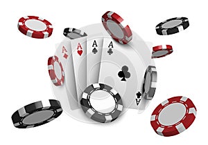 3D casino poker cards and playing chips isolated on white background, vector