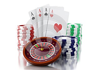 3d Casino roulette wheel with chips and poker cards.