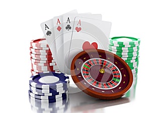 3d Casino roulette wheel with chips and poker cards.