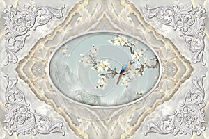 3d ceiling murals wallpaper, stucco decor frame, parrot on a flowery branch in the middle on grey marble background.