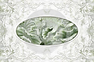 3d ceiling, white decor frame, stone flowers on pale-green marble background. 3d wallpaper.