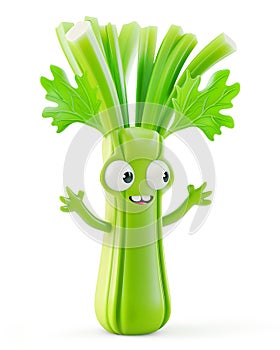 3D celery character with a surprised expression and waving hand