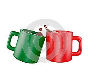 3D ceramic cup with coffee or hot chocolate splash green and red coffee mugs Hot drink, 3D illustration isolated from background