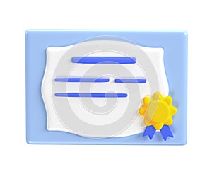 3d certificate diploma icon education. Achievement, award, grant, concepts. Isolated on white background with clipping