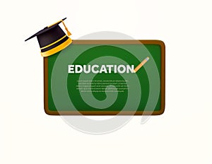 3d chalkboard with pencil, graduation cap or hat, isolated on white background. Education banner concept, back to school