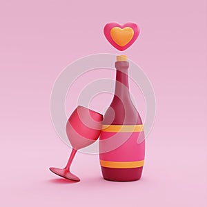 3d Champagne bottle and glasses with heart-shape balloons isolated. Element decor for Valentine\'s Day or birthday. 3d