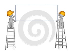 3d character 2 men up ladder with blank sign wearing yellow safety helmet