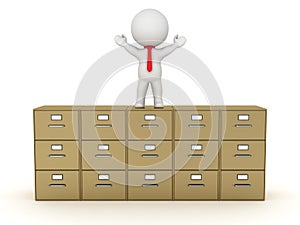 3D Character With Arms Up Standing on Large Archiving Cabinet