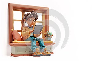 3D character boy with a tablet on a cozy window seat, generated ai