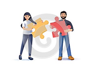 3D character Business illustration vector. Team metaphor, cooperation. People connecting puzzle elements. Vector