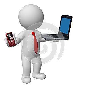 3d character business man with laptop and mobile phone