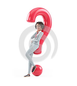 3d character businesswoman leaning under question mark