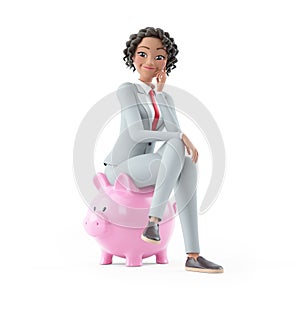 3d character businesswoman sitting on piggy bank