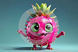 3D Character Design of a Dragonfruit with Large Expressive Eyes and a Small Endearing Smile Posed