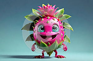 3D Character Design of a Dragonfruit with Large Expressive Eyes and a Small Endearing Smile Posed