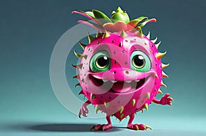 3D Character Design of a Dragonfruit with Large Expressive Eyes and a Small Endearing Smile Posed
