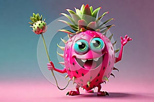 3D Character Design of a Dragonfruit with Large Expressive Eyes and a Small Endearing Smile Posed